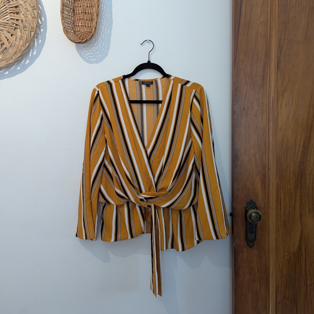Topshop Mustard Striped Wrap Blouse